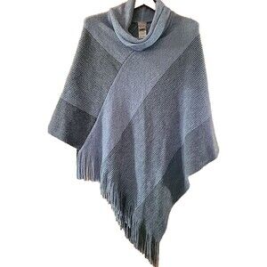 Chico's Sweater Cape Poncho One Size Blue Silver Metallic Fringe Cowl Neck
